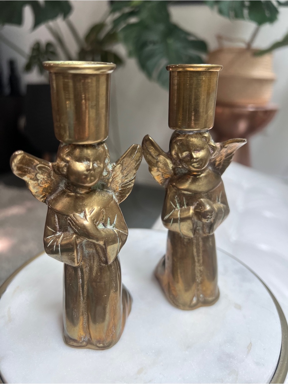 Vintage Brass Angel Taper Candle Holders - Pair